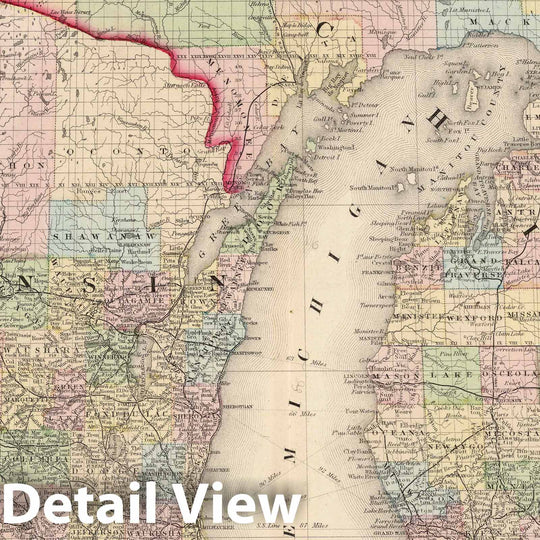 Historic Map : National Atlas - 1874 County and Township Map of the States of Michigan and Wisconsin. - Vintage Wall Art