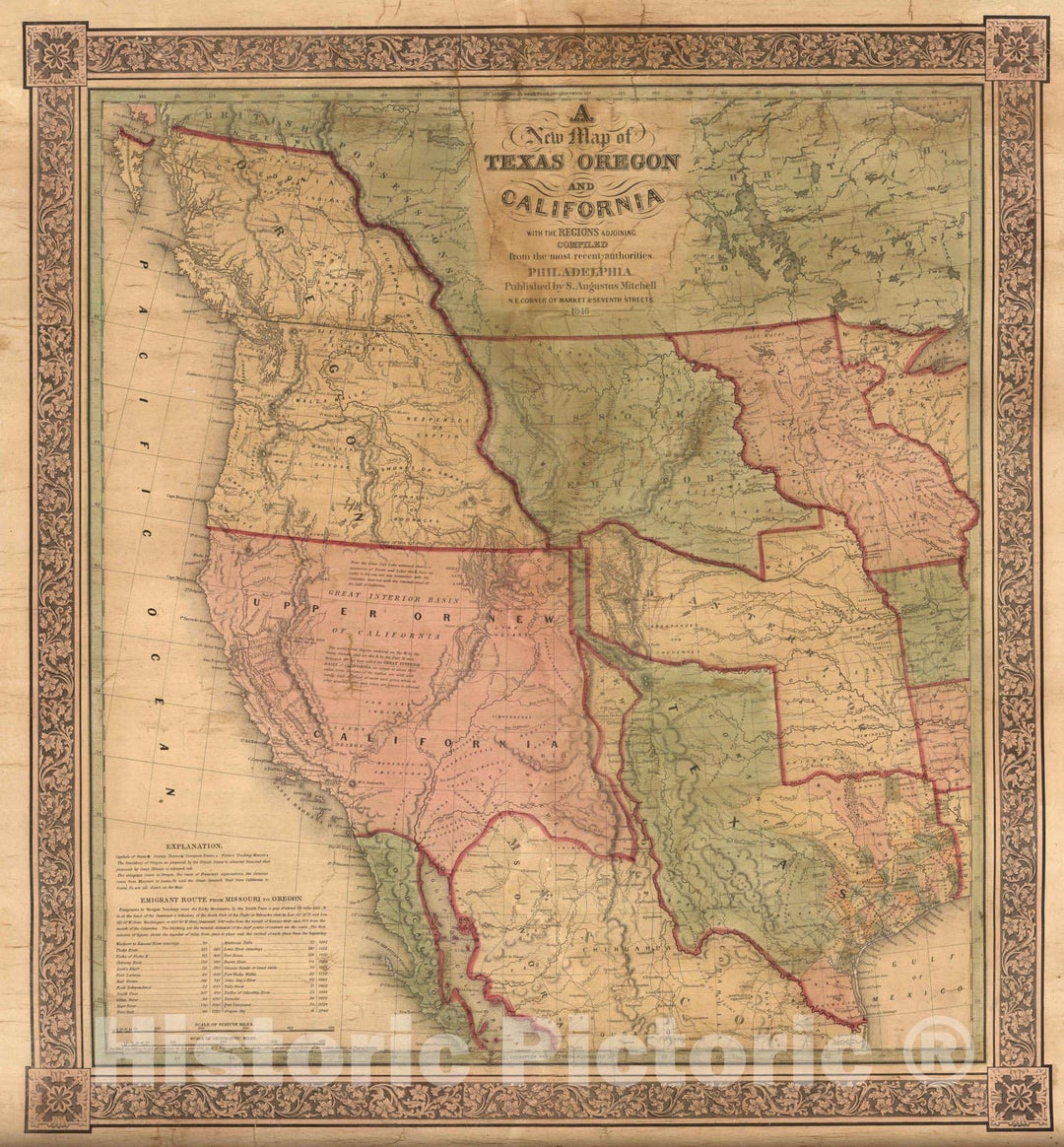 Historic Map : Wall Map - 1846 A New Map of Texas Oregon and California With The Regions Adjoining. - Vintage Wall Art