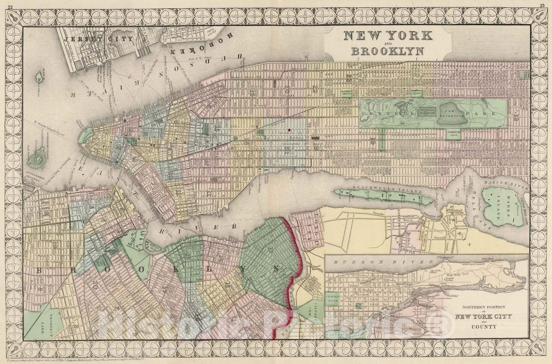 Historic Map : National Atlas - 1874 New York City and Brooklyn. - Vintage Wall Art