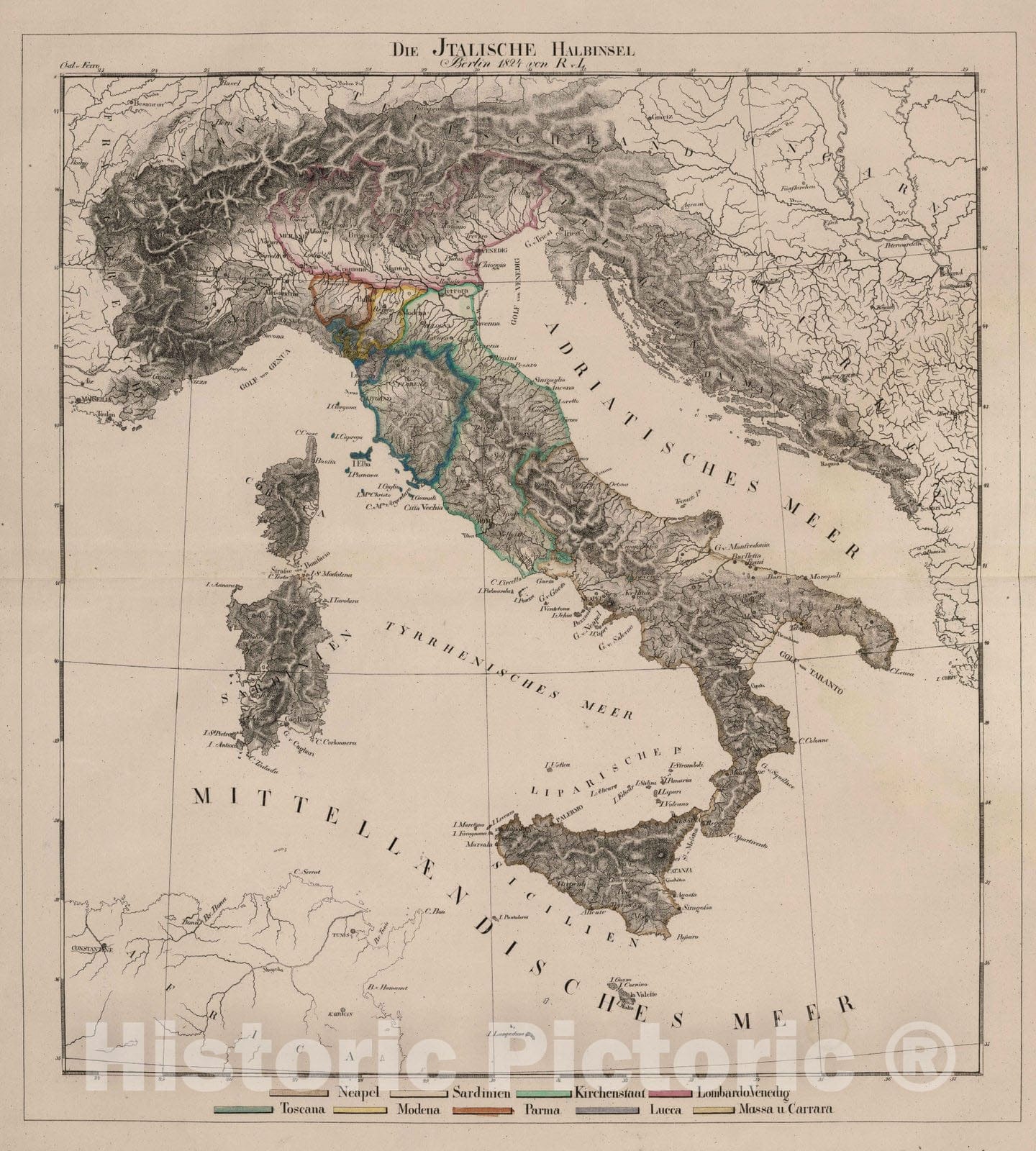 Historic Wall Map : Italy, 1824 Die Italische Habinsel. , Vintage Wall Art