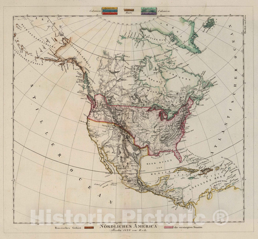 Historic Map : United States; Canada; Mexico, , North America 1824 Nordliches America. Berlin 1824 von R.v.L. , Vintage Wall Art