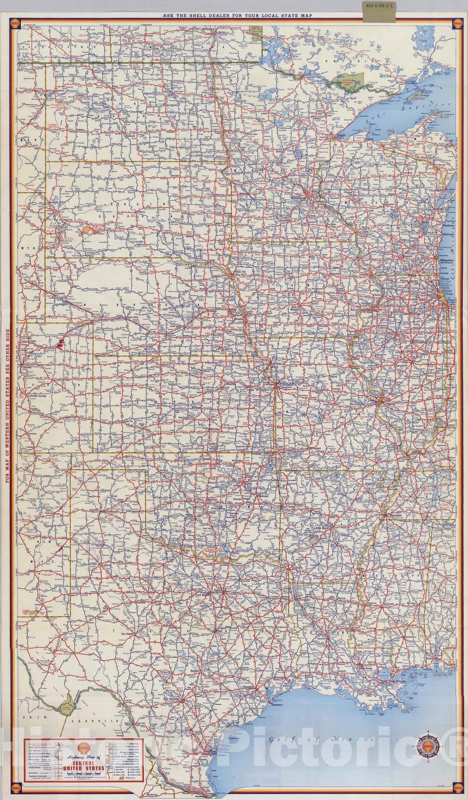 Historic Map : National Atlas - 1951 Shell Highway Map of Central United States. - Vintage Wall Art