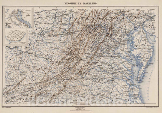 Historic Map : Maryland, 1874 Planche II. Virginie et Maryland. Environs de Leesburg. Carnifex Ferry. , Vintage Wall Art