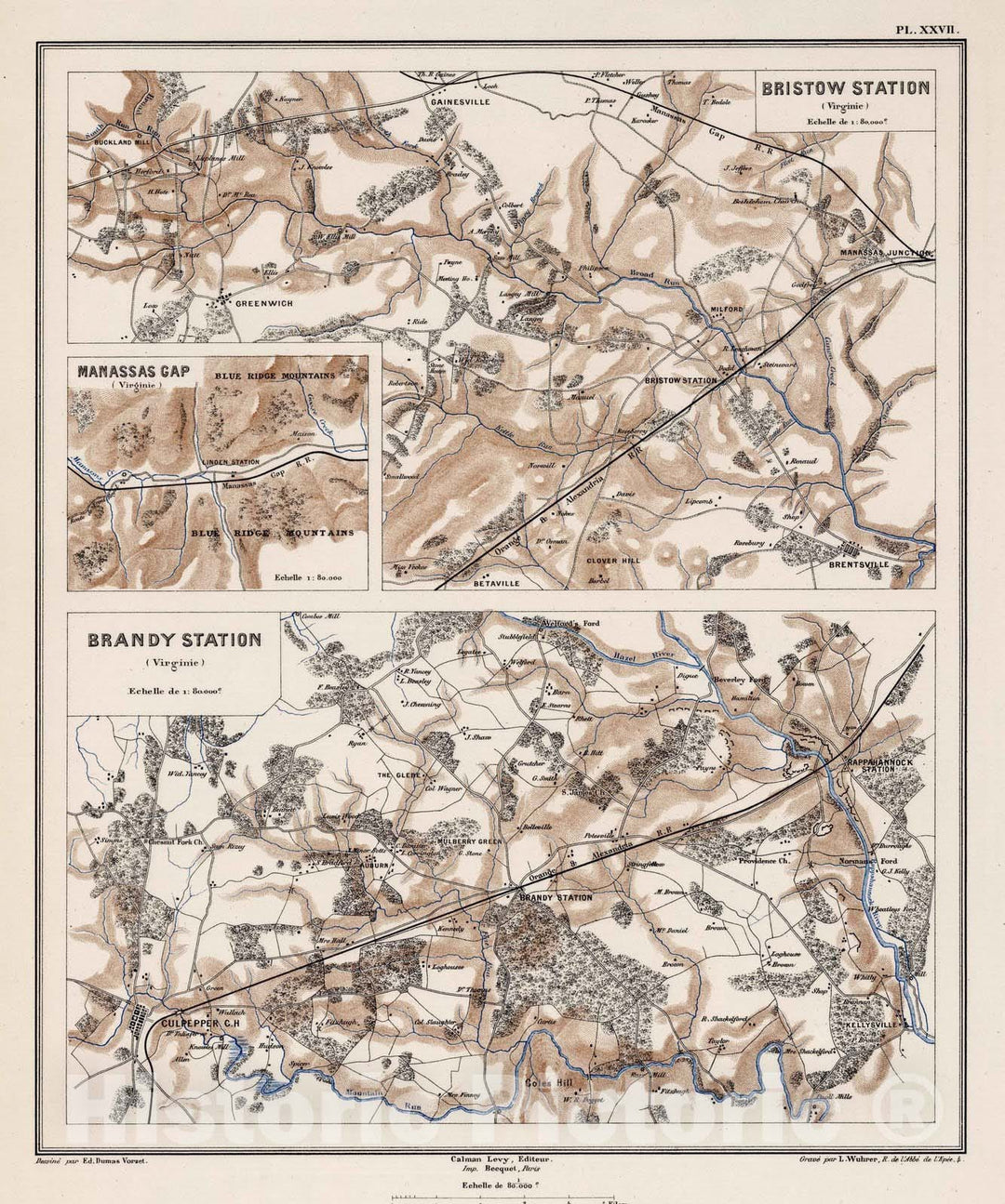 Historic Map : Virginia, 1875 Planche XXVII. Bristow Station (Virginie). Manassas Gap (Virginie). Brandy Station (Virginie). , Vintage Wall Art