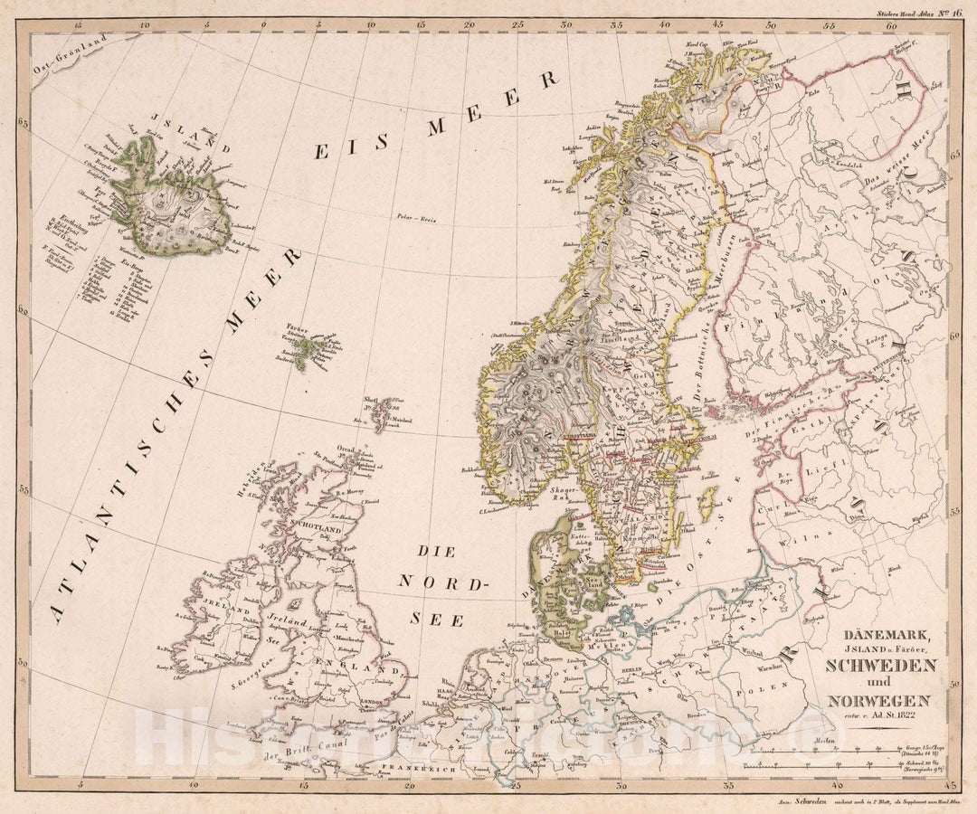 Historic Map : Denmark; Sweden; Norway; Iceland, Faroe Islands 1822 Daenemark, Jsland u. Faroer, Schweden und Norwegen , Vintage Wall Art