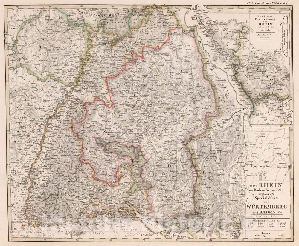 Historic Map : Germany, 1823 Der Rhein vom Bodensee bis Koln zugleich Specialkarte von Wurttemberg und Baden &c. , Vintage Wall Art