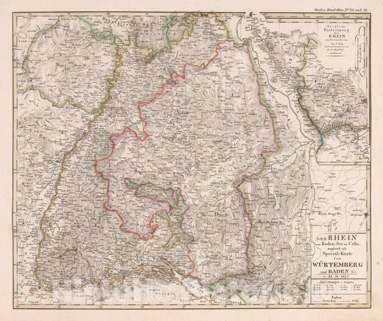 Historic Map : Germany, 1823 Der Rhein vom Bodensee bis Koln zugleich Specialkarte von Wurttemberg und Baden &c. , Vintage Wall Art