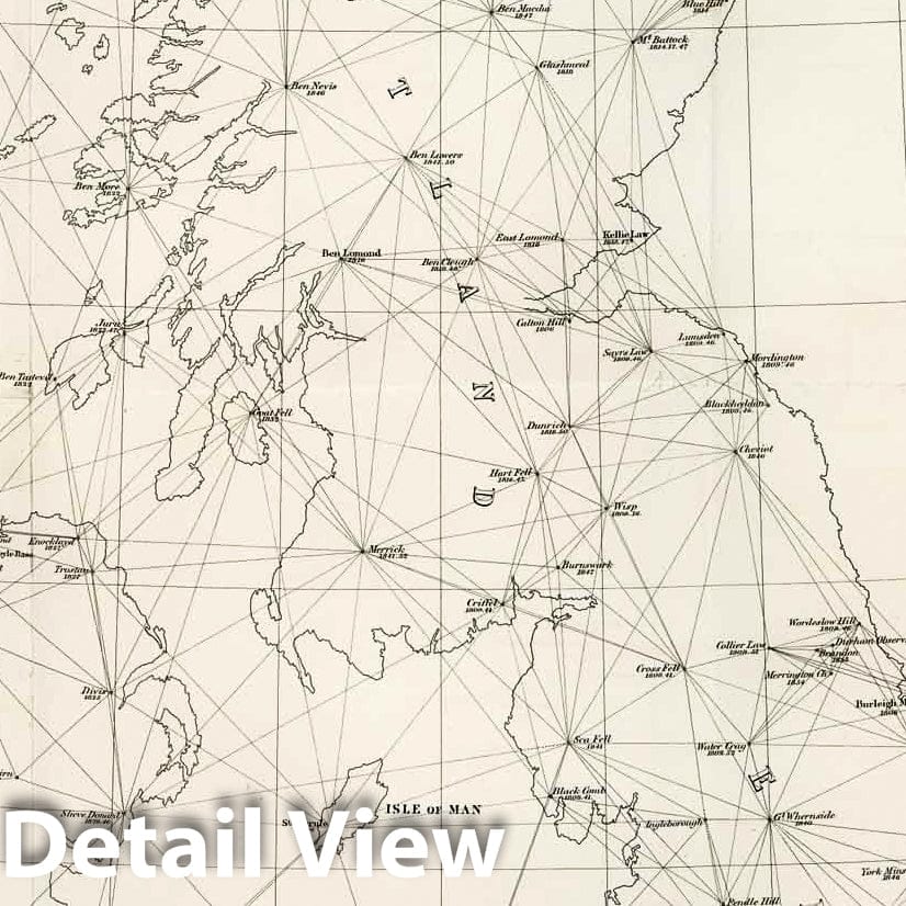 Historic Map : 1858 Diagram showing the principal triangulation for the Ordnance trigonometrical survey of Great Britain and Ireland. - Vintage Wall Art