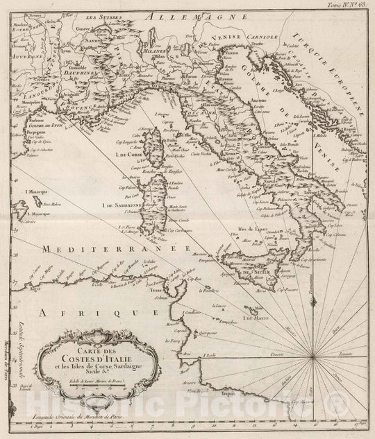 Historic Map : Italy, Sardinia (Italy), Europe 1764 Carte des Costes d'Italie et les Isles de Corse, Sardaigne Sicile &a. , Vintage Wall Art