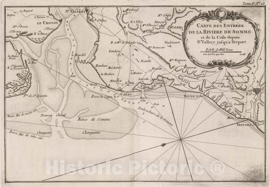 Historic Map : France, Somme River , France 1764 Carte des entries de la riviere de Somme et la coste depuie St Vallery jusqu'aTreport. , Vintage Wall Art