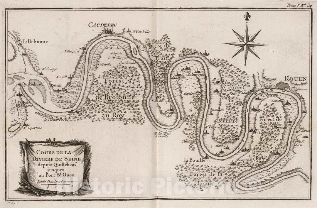 Historic Map : France , Rouen France, Seine River 1764 Cours de la riviere de Seine depuis Quillebeuf jusques au Port St Ouen. Croisey, sc[ulp.] , Vintage Wall Art