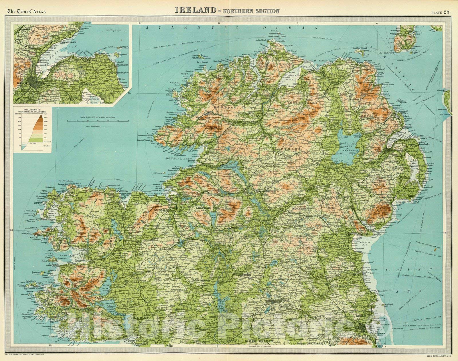 Historic Wall Map : 1922 Ireland - northern section. - Vintage Wall Art