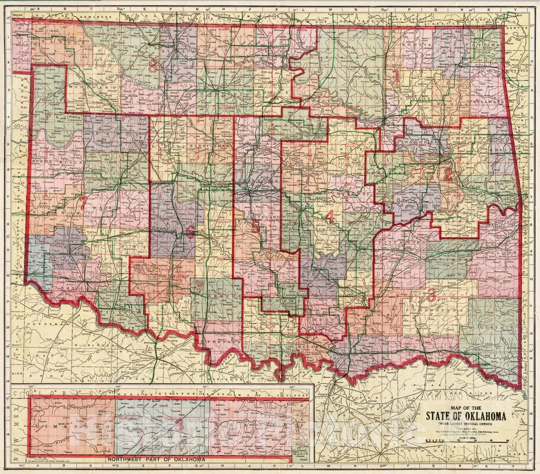 Historic Map : 1914 State of Oklahoma : Vintage Wall Art