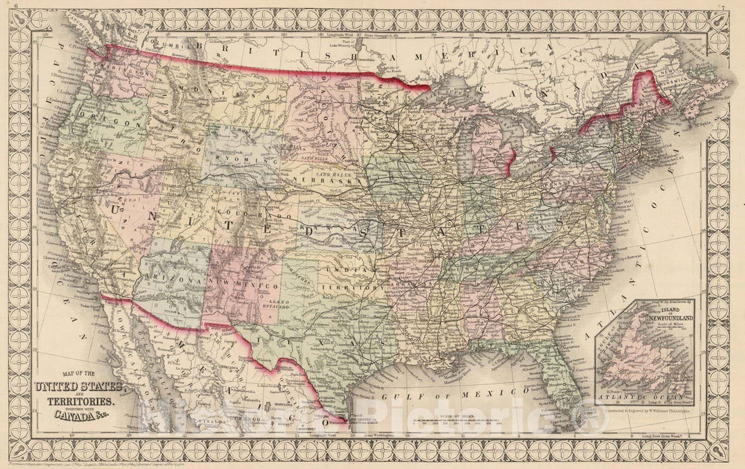 Historic Map : National Atlas - 1874 United States, and Territories together with Canada &c. Island of Newfoundland. - Vintage Wall Art