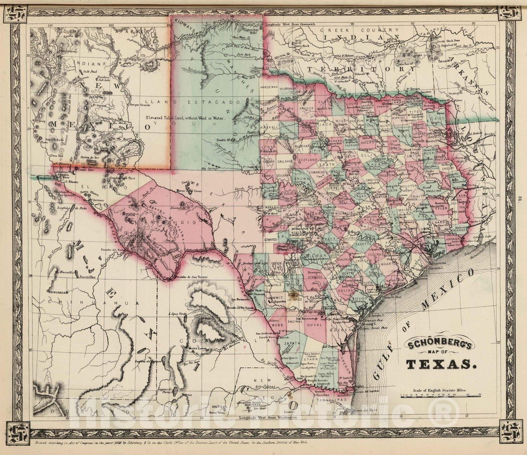 Historic Map : National Atlas - 1867 Schonberg's Map of Texas. - Vintage Wall Art