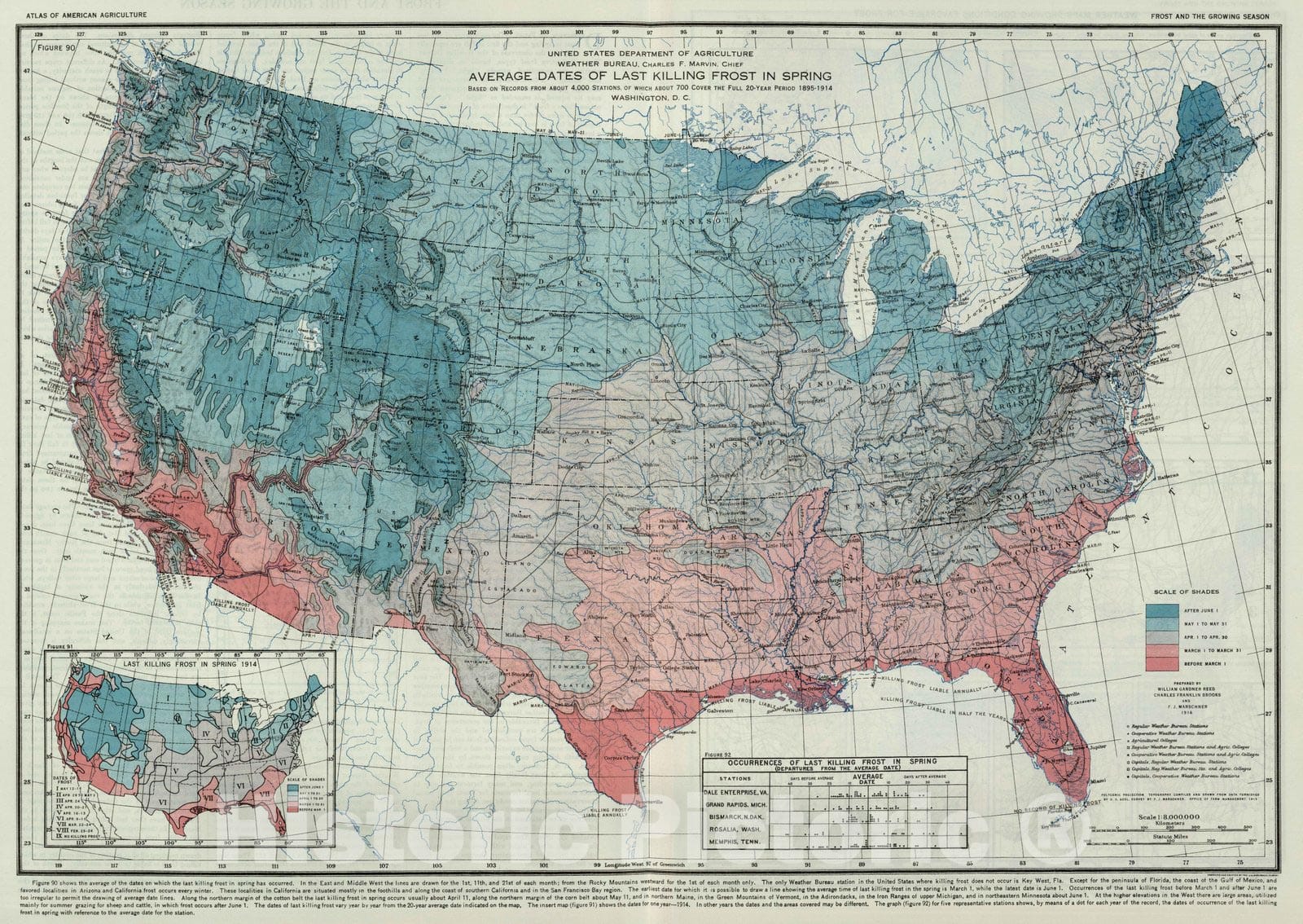 Historic Map : National Atlas - 1916 Average Dates of Last Killing Frost in Spring. Atlas of American Agriculture. - Vintage Wall Art