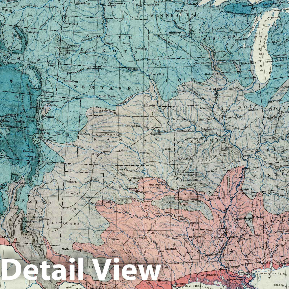 Historic Map : National Atlas - 1916 Average Dates of Last Killing Frost in Spring. Atlas of American Agriculture. - Vintage Wall Art