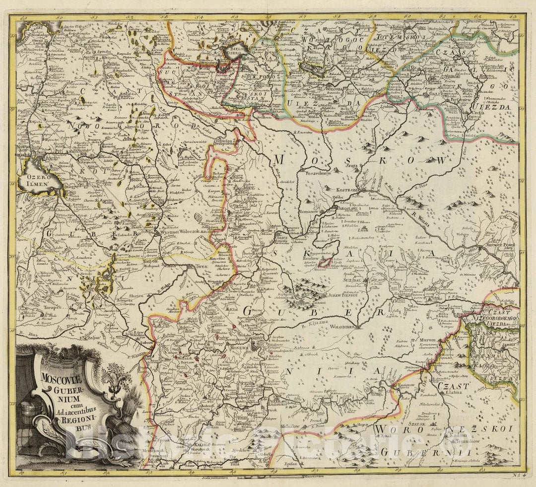 Historic Map : Russian Federation; Russia , Moscow (Russia), 1745 Moscoviae Gubernium cum Adjacentibus Regionibus , Vintage Wall Art