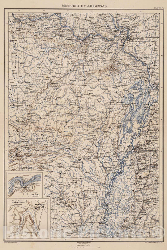 Historic Map : Arkansas, 1874 Planche IV. Missouri et Arkansas. Environs de Lexington. Champ de Bataille de Wilson's Creek. , Vintage Wall Art