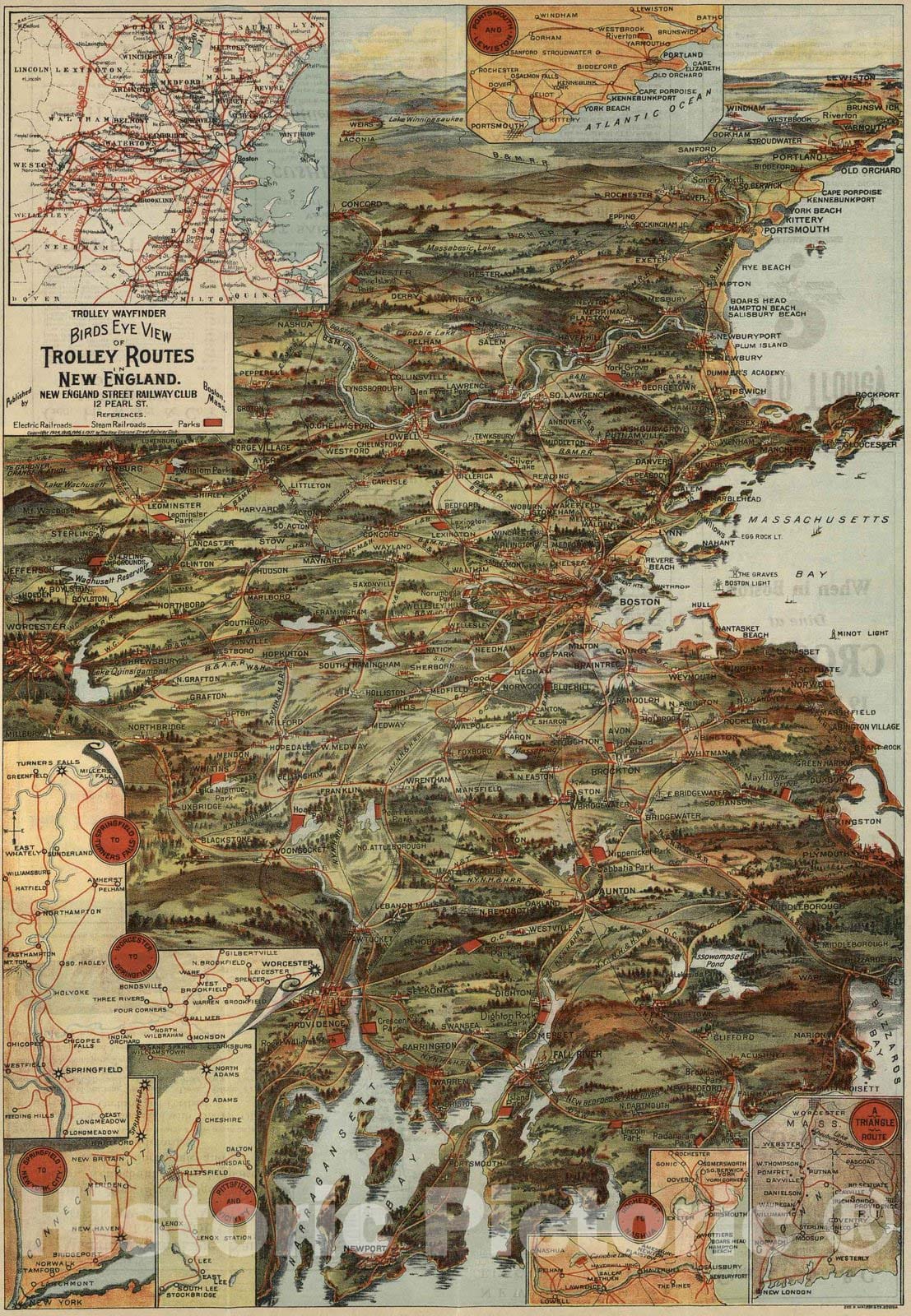 Historic Map : 1907 Trolley Wayfinder : birds eye view of trolley routes in New England - Vintage Wall Art