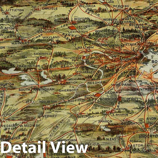 Historic Map : 1907 Trolley Wayfinder : birds eye view of trolley routes in New England - Vintage Wall Art