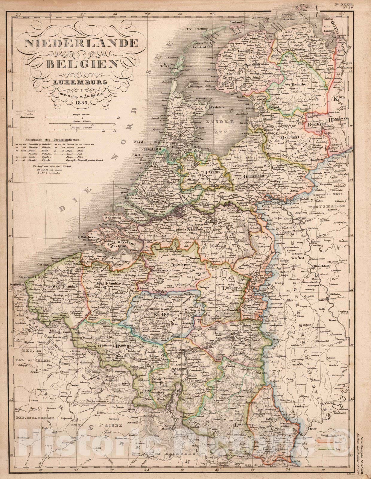 Historic Map : Netherlands; Belgium; Luxembourg, 1833 Niederlande, Belgien, Luxemburg , Vintage Wall Art