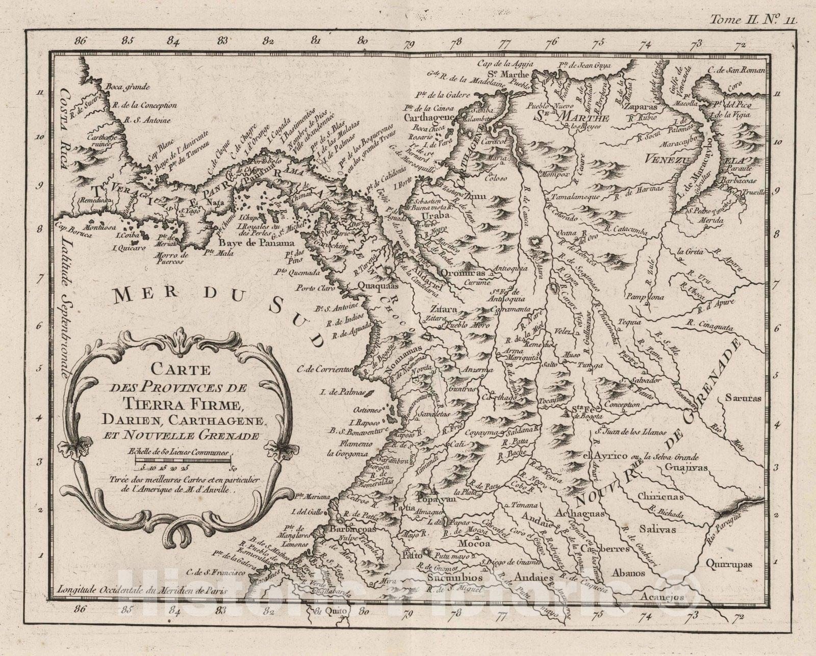 Historic Map : Panama; Colombia; Venezuela, , South America; Central America 1764 Carte Tierra Firme, Darien, Carthagfene et Nouvelle Grenade , Vintage Wall Art