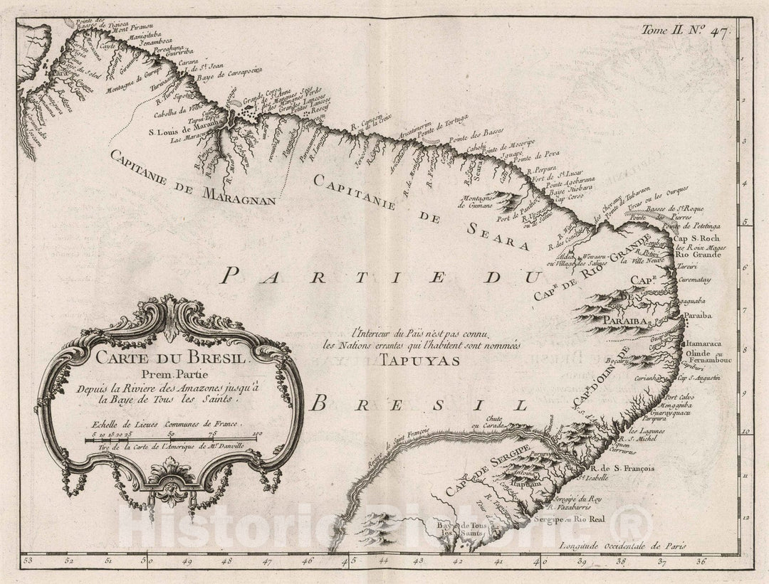 Historic Map : Brazil, 1764 Carte du Bresil, prem Partie depuis la Riviere des Amazones jusqu'a la Baye de Tous les Saints. , Vintage Wall Art