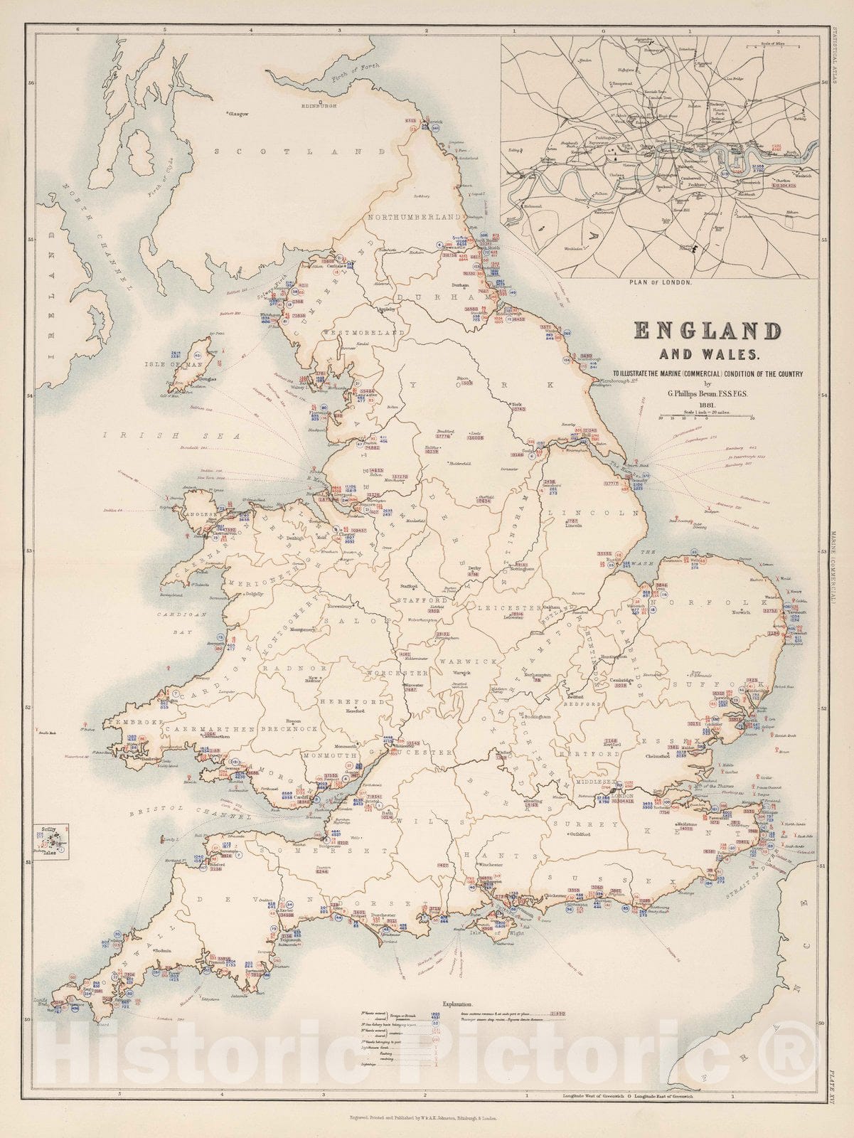 Historic Map : Statistical Atlas - 1881 England and Wales to Illustrate the Marine Commercial Position of the Country. - Vintage Wall Art