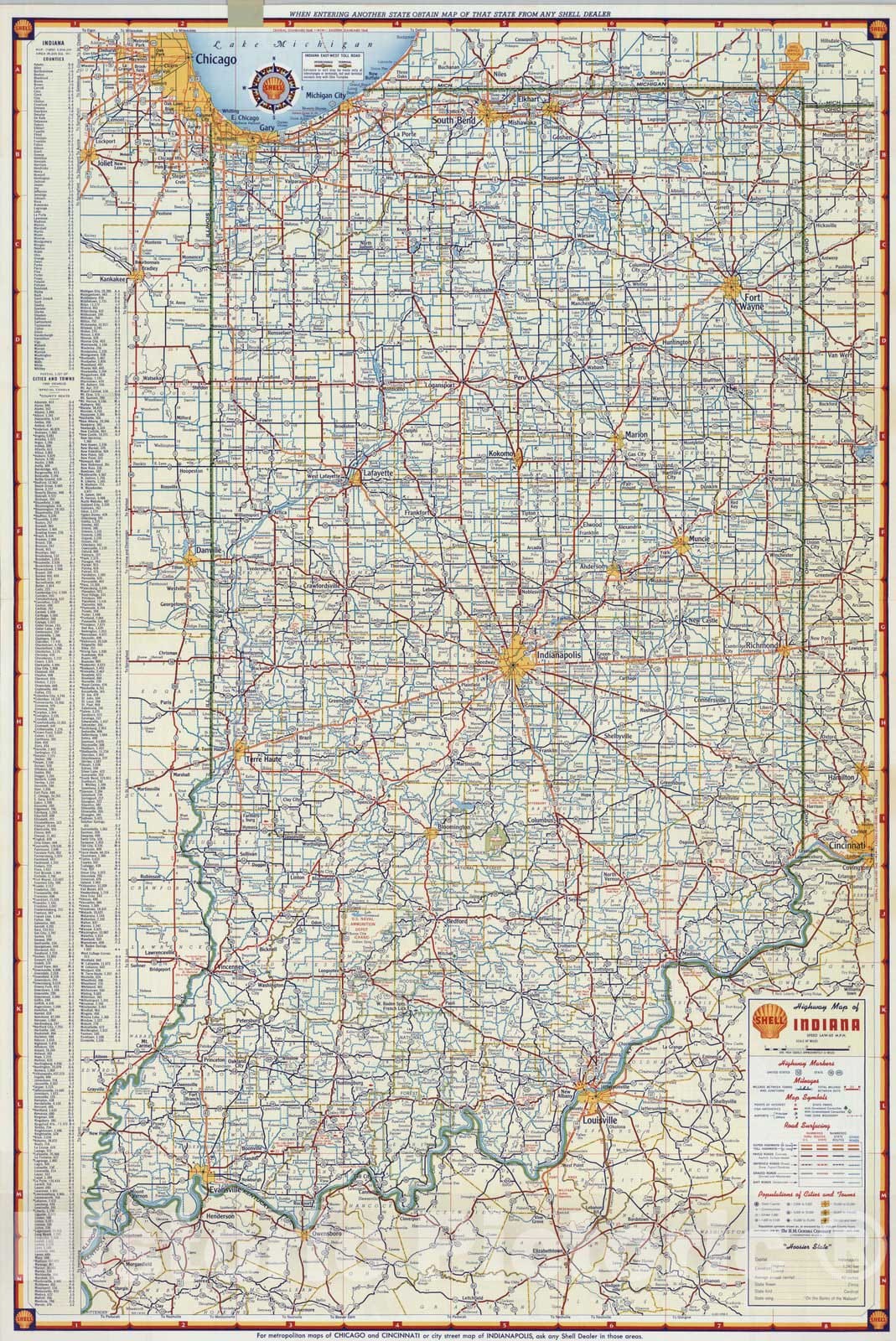 Historic Map : National Atlas - 1956 Shell Highway Map of Indiana. - Vintage Wall Art