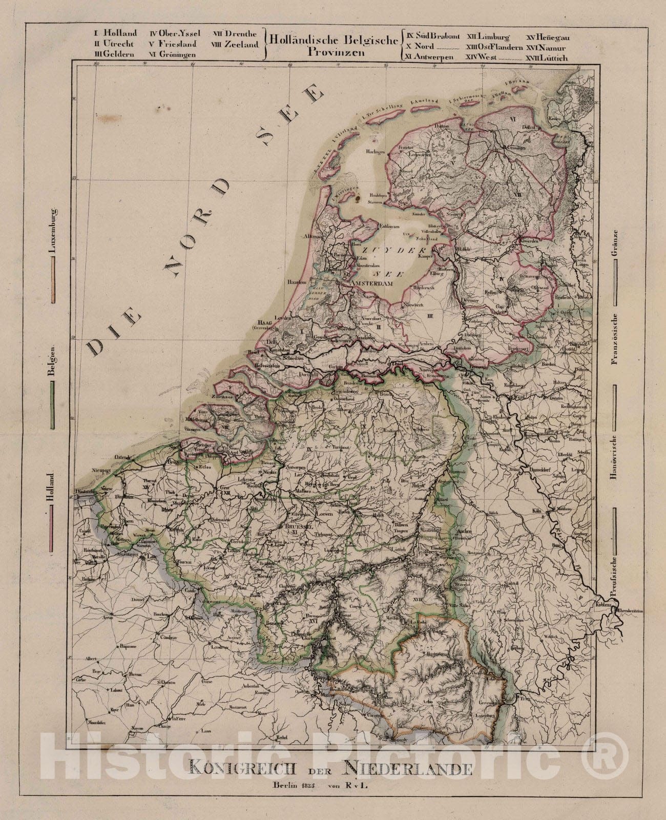 Historic Map : Netherlands; Belgium; Luxemburg, Azores 1825 Konigreich der Niederlande. , Vintage Wall Art