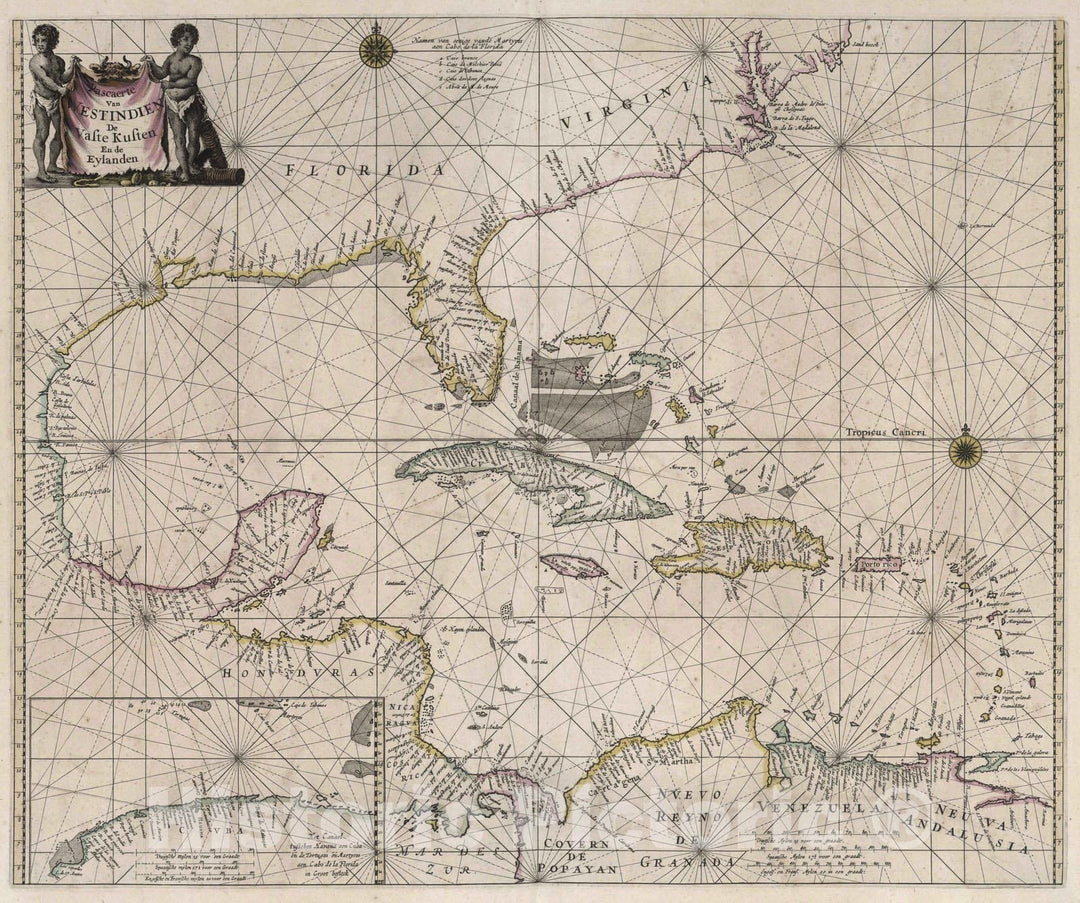 Historic Wall Map : Caribbean, West Indies 1667 Pascaerte van Westindien de Vuste Kusten En de Eylanden. , Vintage Wall Art