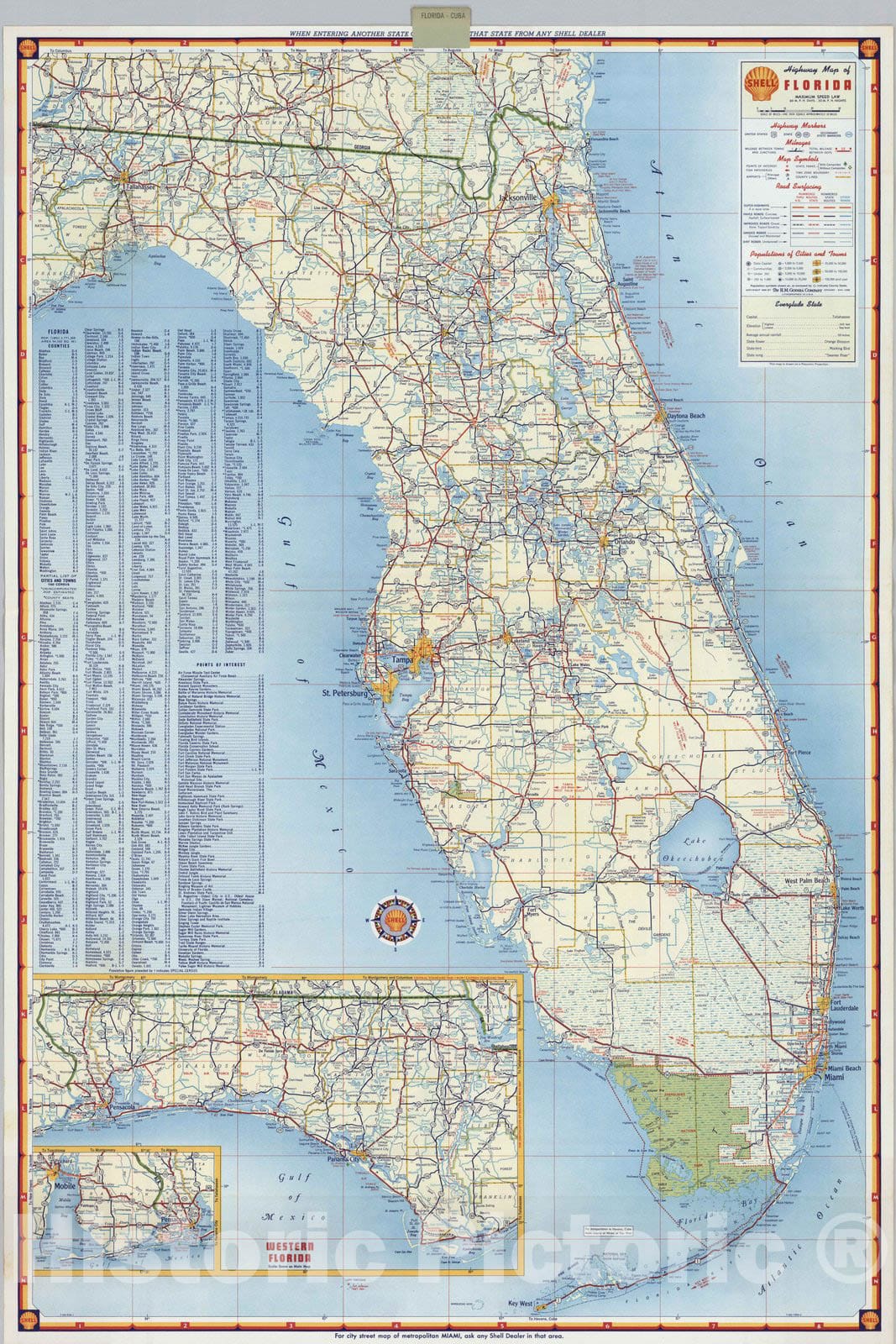 Historic Map : National Atlas - 1956 Shell Highway Map of Florida. - Vintage Wall Art