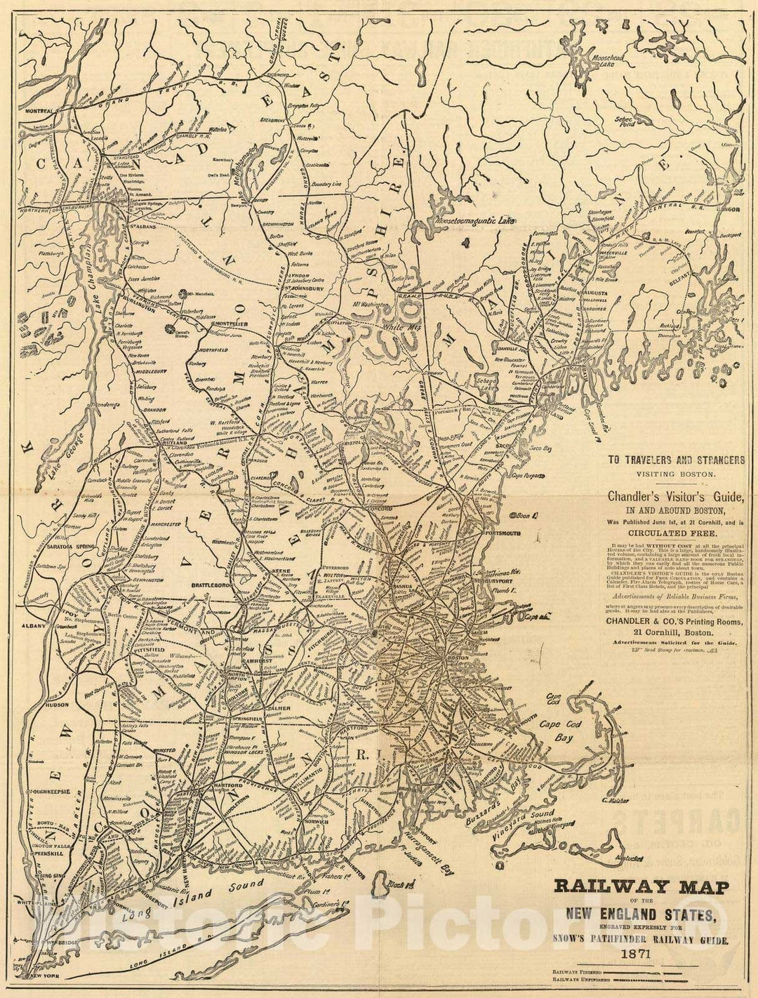 Historic Map : Timetable Map - 1871 Railway map New England States. - Vintage Wall Art