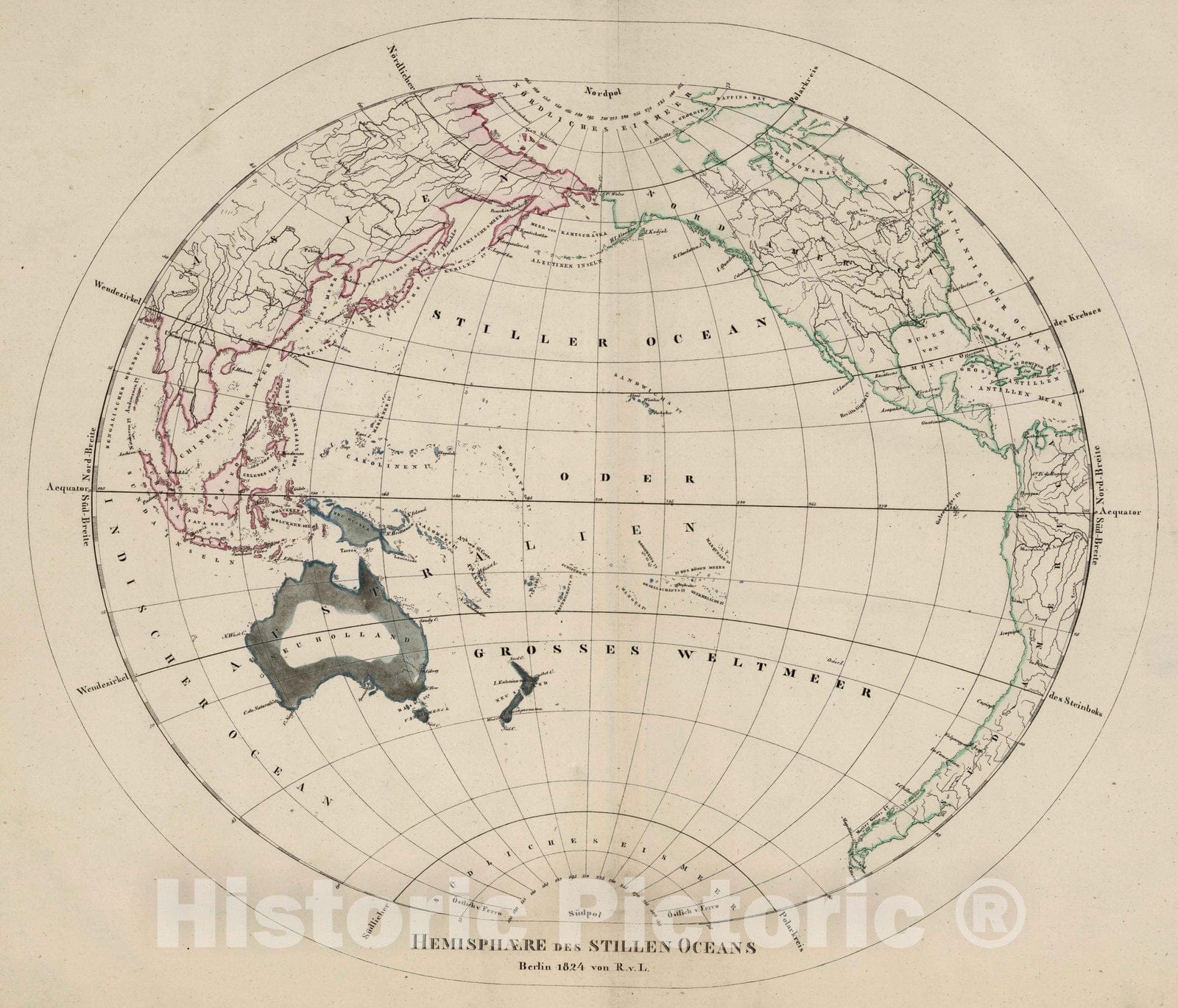 Historic Map : Oceania, Pacific 1824 Hemisphaere des Stillen Oceans. , Vintage Wall Art