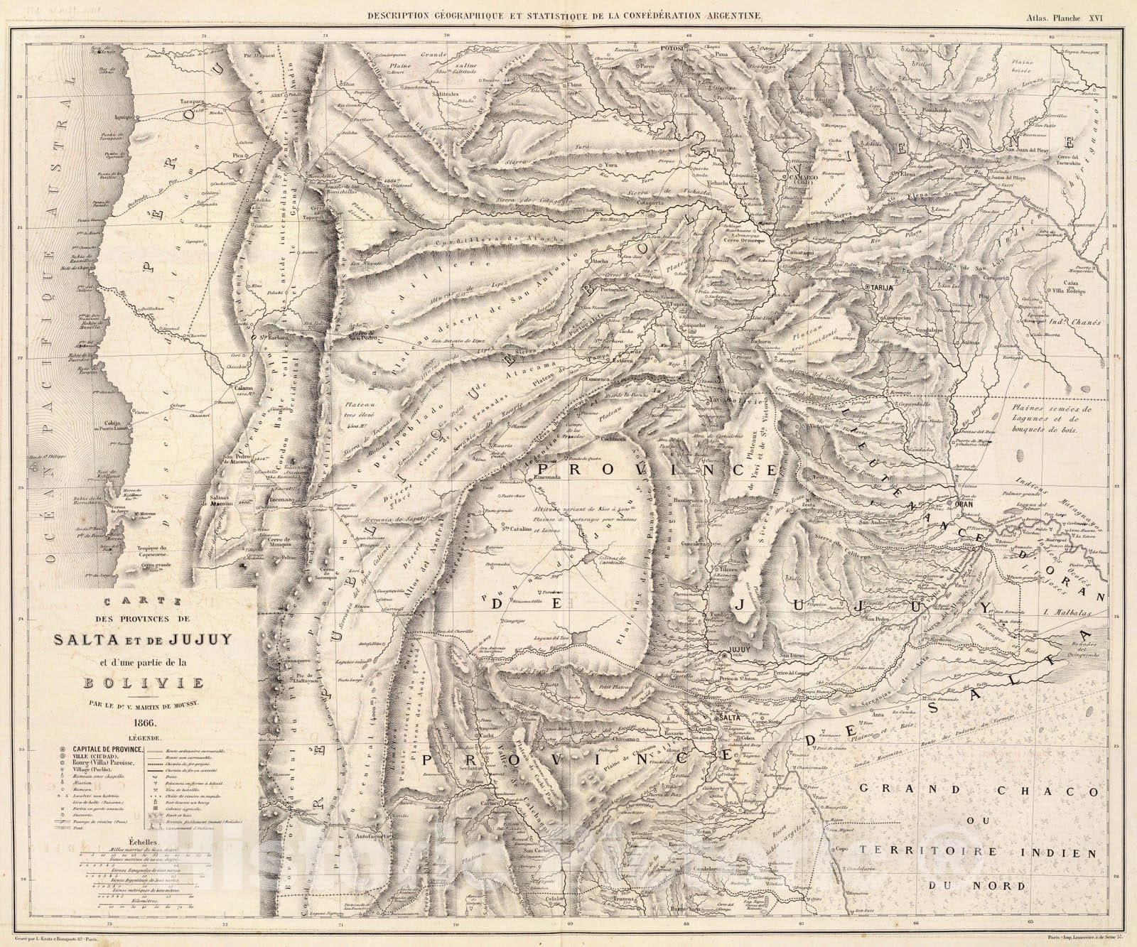 Historic Map : Argentina; Chile, Jujuy (Argentina : Province) 1873 Carte, provinces de Salta et Jujuy, partie de la Bolivie. , Vintage Wall Art