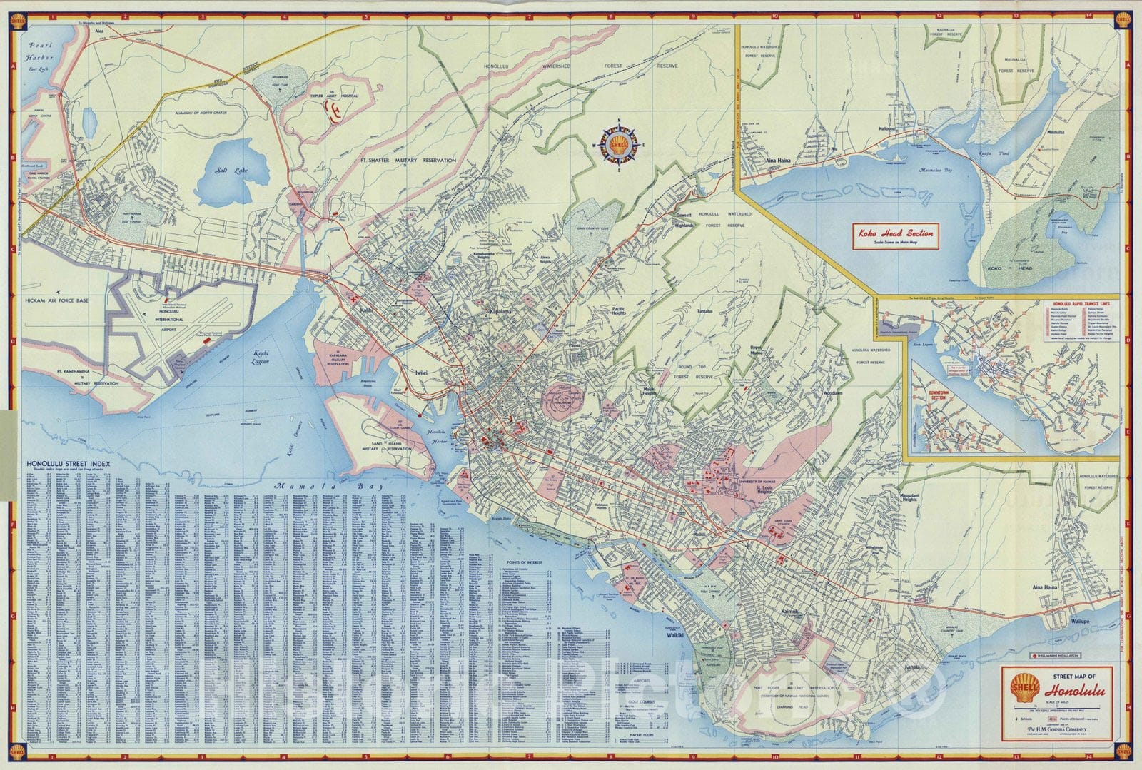 Historic Map : National Atlas - 1956 Shell Street Map of Honolulu. - Vintage Wall Art