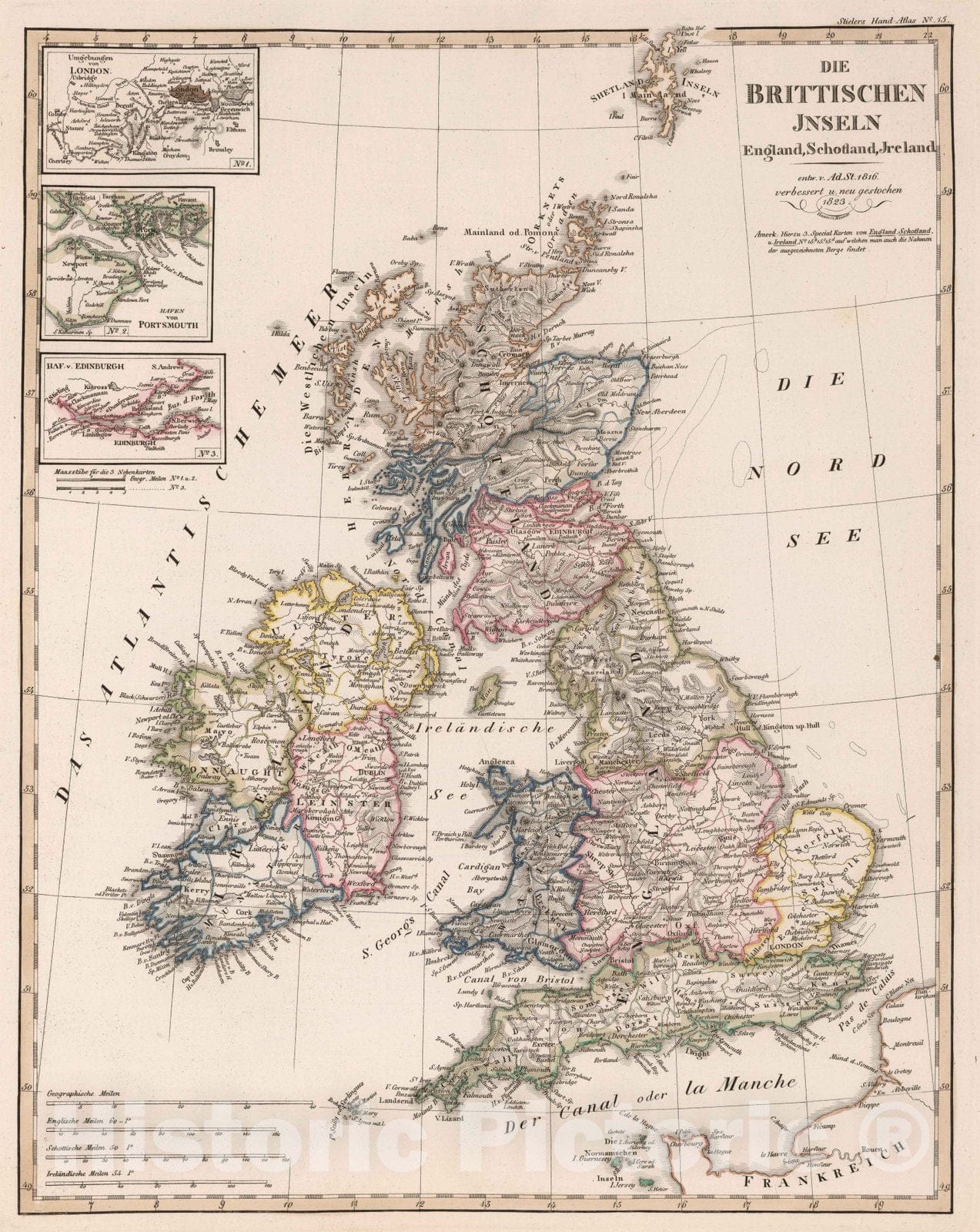 Historic Map : England; Scotland; Ireland, British Isles 1823 Die Britischen Inseln , Vintage Wall Art