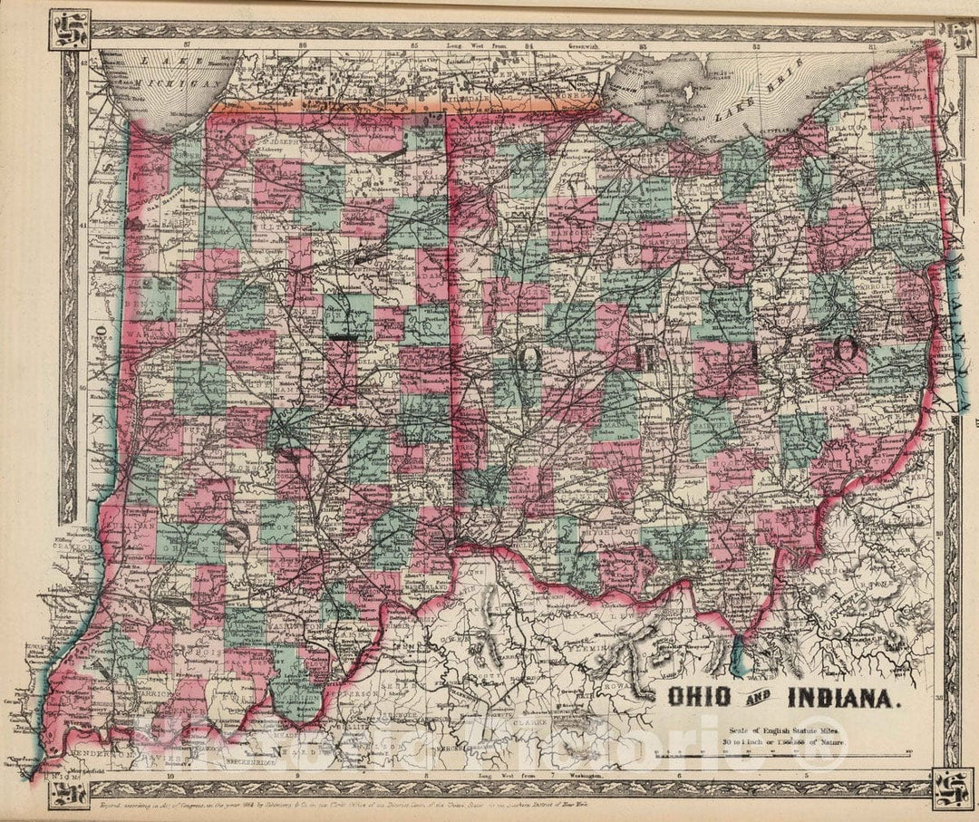 Historic Map : National Atlas - 1867 Ohio and Indiana. - Vintage Wall Art