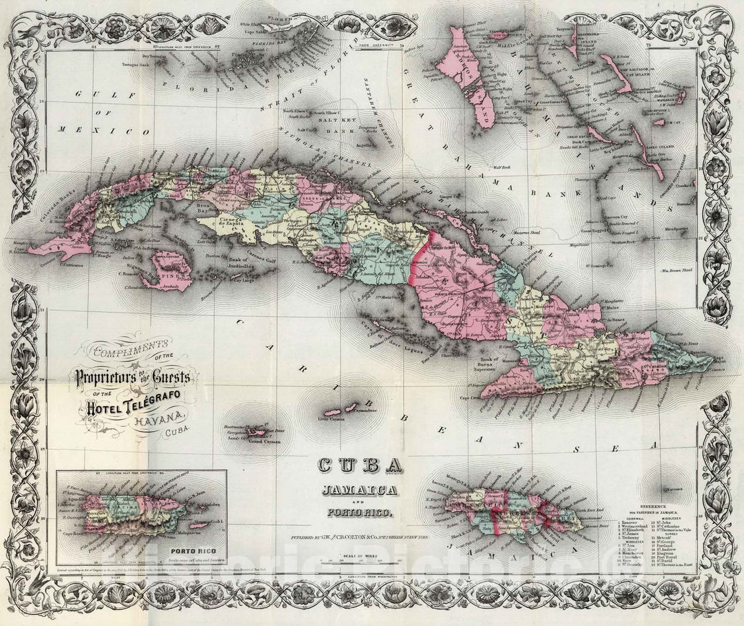 Historic Wall Map : Cuba; Jamaica; Puerto Rico, 1855 Cuba, Jamaica and Porto Rico (Puerto Rico) , Vintage Wall Art