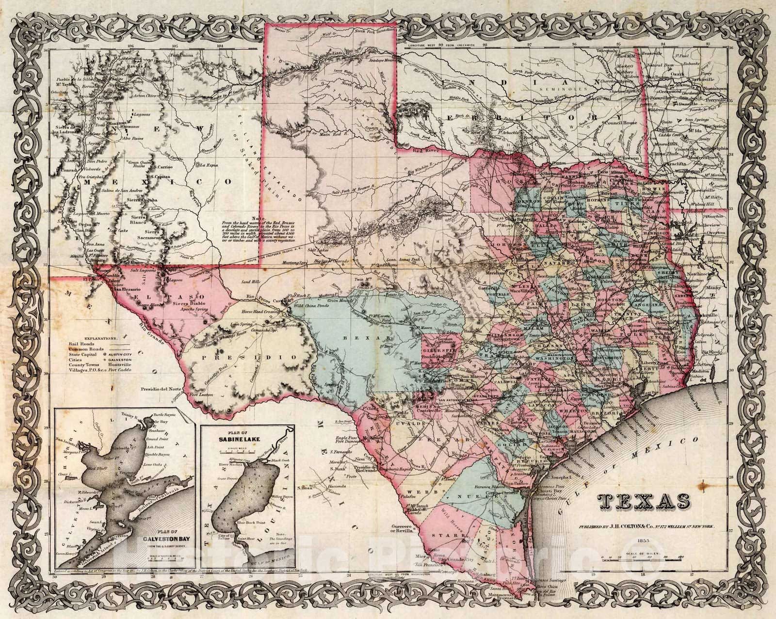 Historic Map : 1855 Texas - Vintage Wall Art