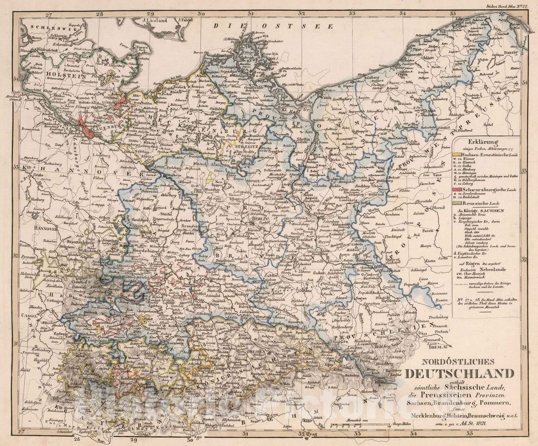 Historic Map : Germany, 1821 Nordostliches Deutschland , Vintage Wall Art