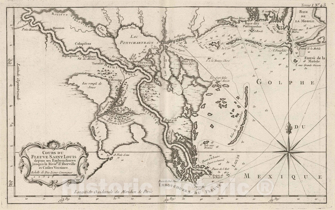 Historic Map : New Orleans (La.), Mississippi River Delta (La.) 1764 Cours Du Fleuve Saint Louis, Vintage Wall Art