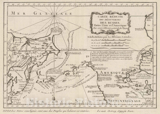 Historic Map : Pacific Coast (North America), Asia; North America 1764 Carte reduite des decouvertes des Russes : entre l'Asie et l'Amerique, Vintage Wall Art