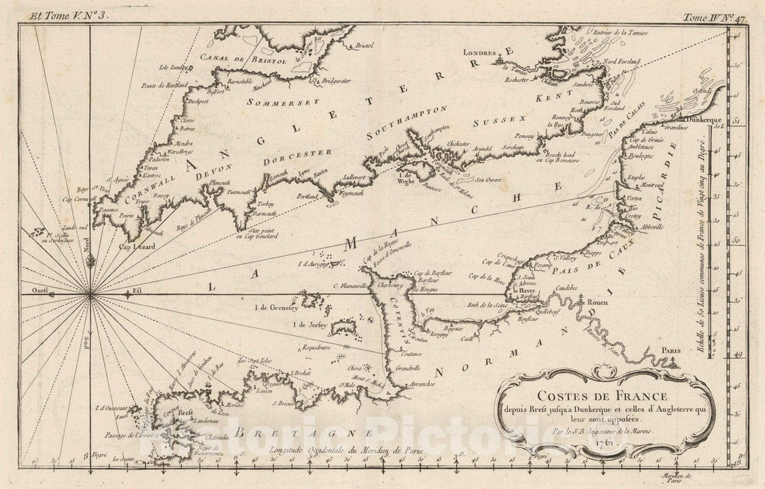 Historic Map : France; England, 1761 Costes de France depuis Brest jusqu'a Dunkerque et celles d'Angleterre qui leur sont opposees , Vintage Wall Art