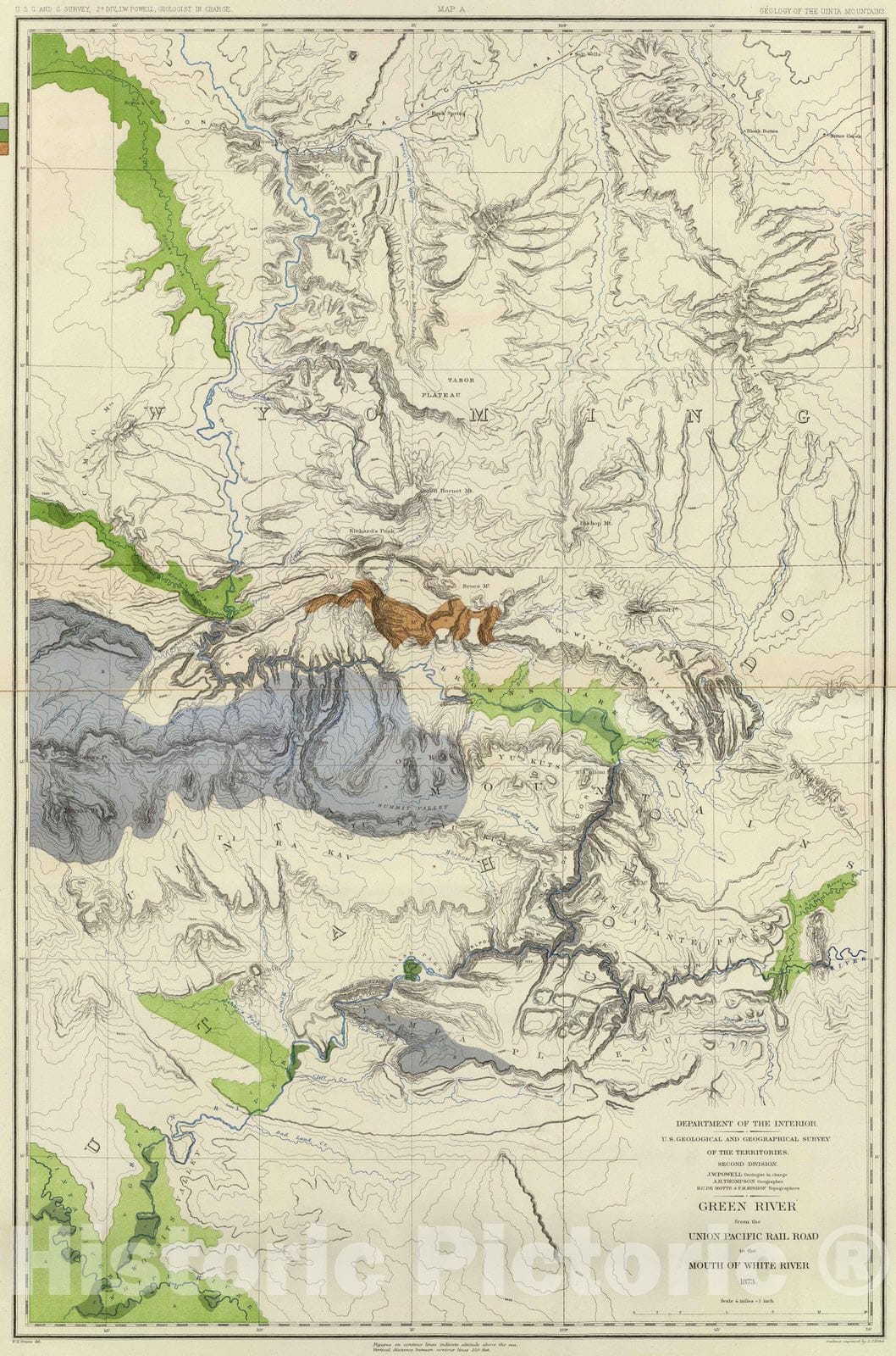 Historic Map : Geologic Atlas - 1876 Green River from the Union Pacific Rail Road to White River (land cover) - Vintage Wall Art