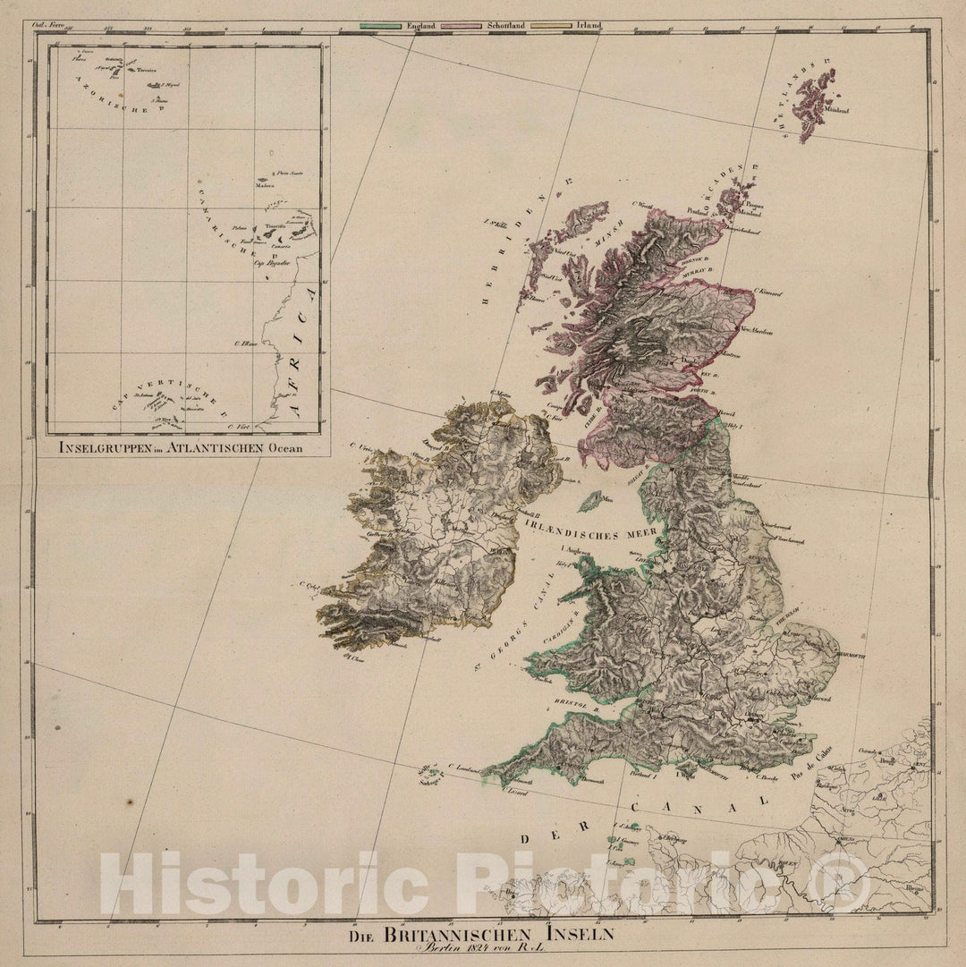 Historic Map : England; Wales; Scotland; Ireland, British Isles 1824 Die Britannischen Inseln. Inselgruppen im Atlantischen Ocean. , Vintage Wall Art