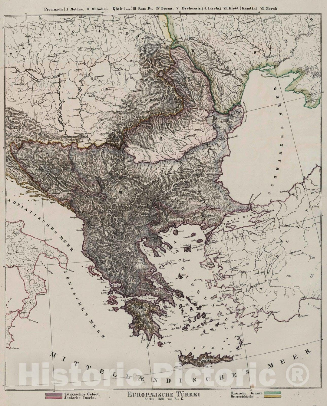 Historic Map : Greece; Macedonia; Bulgaria; Turkey, 1826 Europaeische Turkei. , Vintage Wall Art