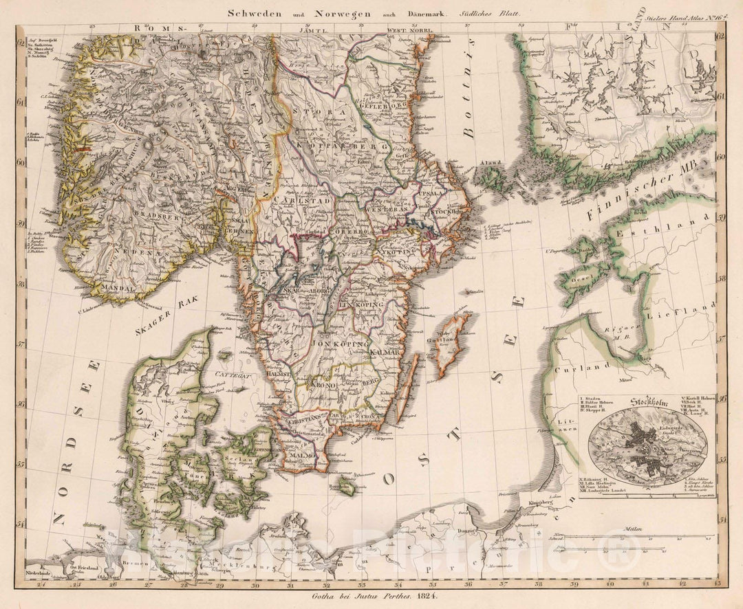 Historic Map : Denmark; Sweden; Norway, 1824 Schweden und Norwegen auch Daenemark, Sudliches Blatt , Vintage Wall Art