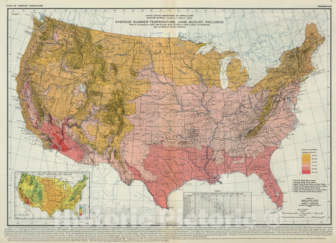 Historic Map : National Atlas - 1923 Summer Temperatures. Atlas of American Agriculture. - Vintage Wall Art